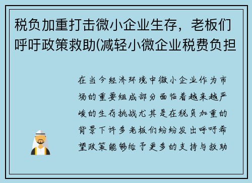 税负加重打击微小企业生存，老板们呼吁政策救助(减轻小微企业税费负担)