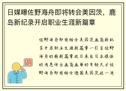 日媒曝佐野海舟即将转会美因茨，鹿岛新纪录开启职业生涯新篇章