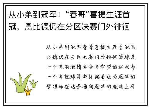 从小弟到冠军！“春哥”喜提生涯首冠，恩比德仍在分区决赛门外徘徊