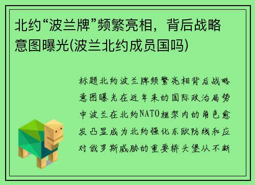 北约“波兰牌”频繁亮相，背后战略意图曝光(波兰北约成员国吗)