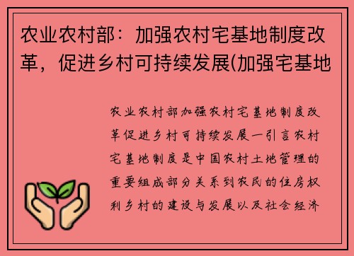 农业农村部：加强农村宅基地制度改革，促进乡村可持续发展(加强宅基地管理)
